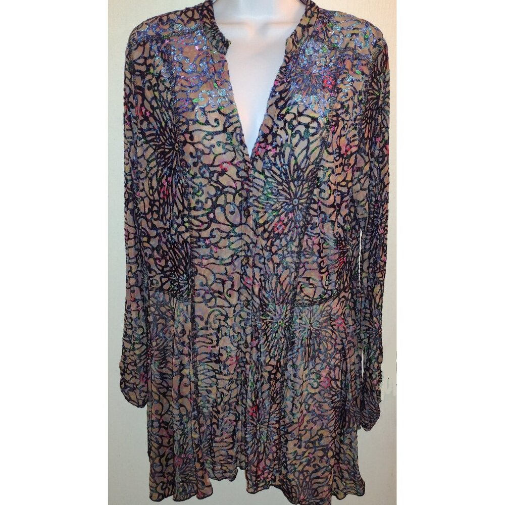 Boho Goth Mesh Tunic Blouse Large Multicolor Sheer Velvet Burnout Floral Top